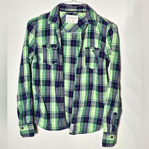 Aèropostale Women's Shirt Medium Green & Blue Plaid Long Sleeve Button Down Top - Picture 1 of 4